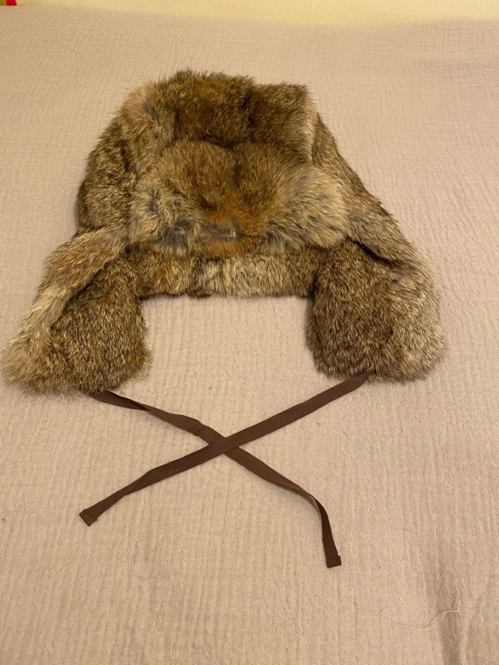 Bonpoint Rabbit Fur Trapper Hat in Natural Brown. Size 3